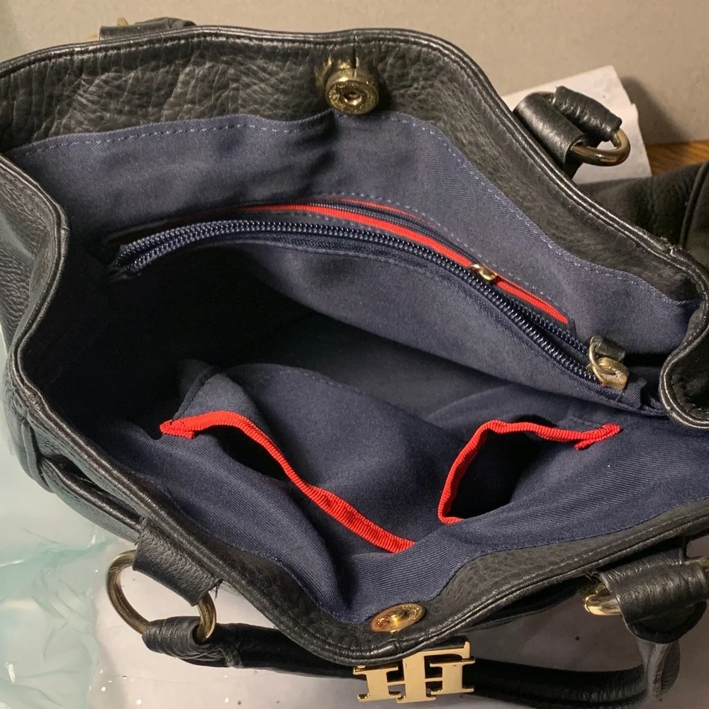 Tommy Hilfiger Black Soft Leather Satchel with Gold Logo and Hardware